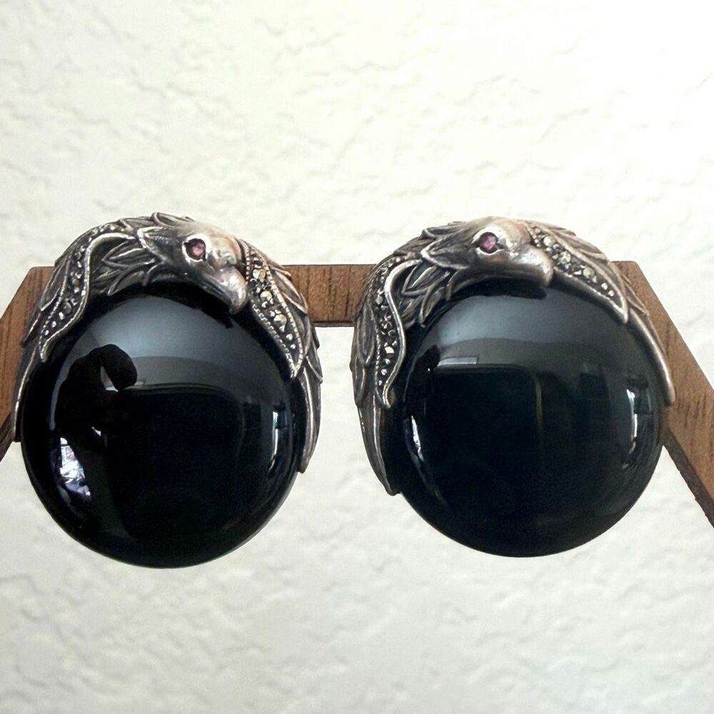 Vintage Sterling Silver Black Onyx Eagle Earrings Marcasite Red Stone Eyes